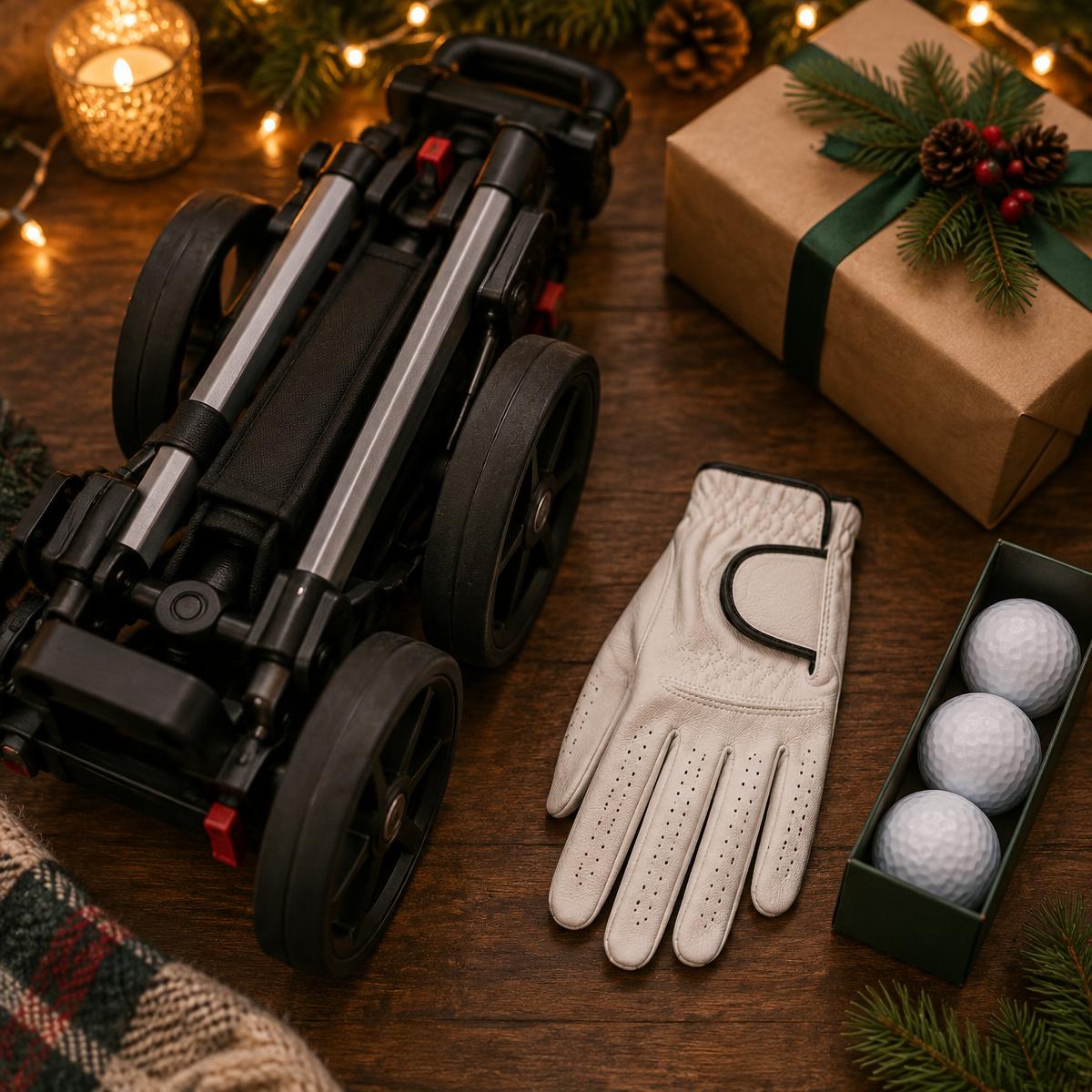 Folded golf push cart with holiday gifts on a wooden table